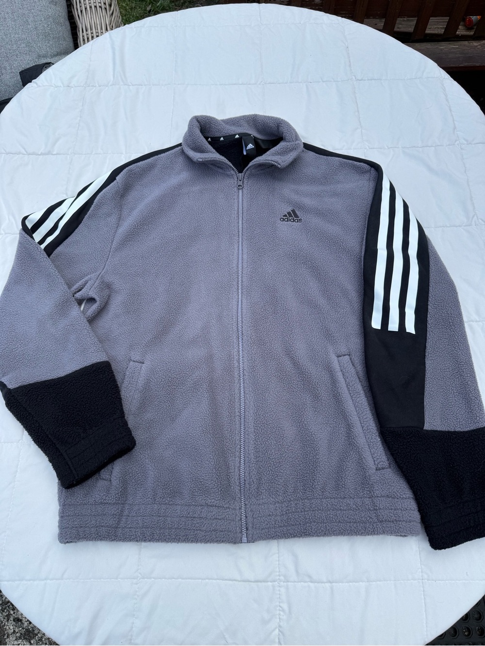 adidas Men's Gray Zip-Up Fleece Jacket with Black Sleeve Panels